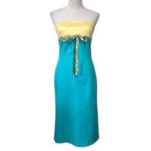 Ruth Anthropologie Dress Strapless Cotton Stretch Blue Yellow Ribbon Tie Size 4